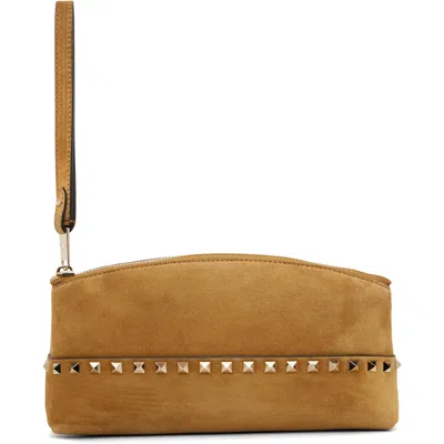 Valentino Garavani Beige Rockstud Suede Pouch In Rdx Havana Beige