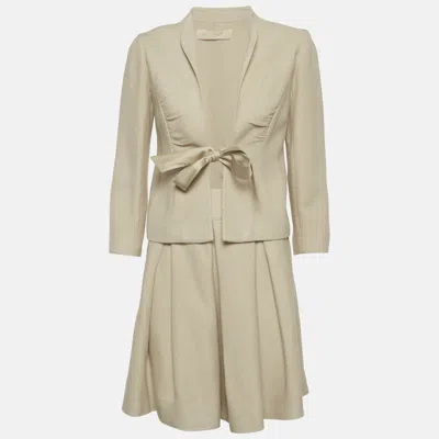 Pre-owned Valentino Beige Silk Blend Tie Up Blazer And Mini Skirt Set M In Sand