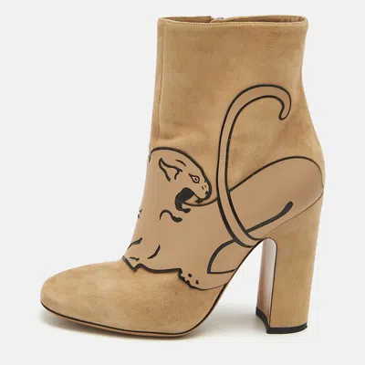 Pre-owned Valentino Garavani Beige Suede Panther Ankle Length Ankle Boots Size 37