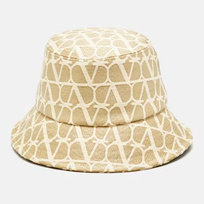 Pre-owned Valentino Garavani Beige Toile Iconographe Raffia Panama Bucket Hat Size 57 In Sand