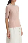 Valentino Beige Vertical Striped Slim Fit Short Sleeve Sweater In Beige
