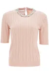 Valentino Beige Vertical Striped Slim Fit Short Sleeve Sweater In Beige