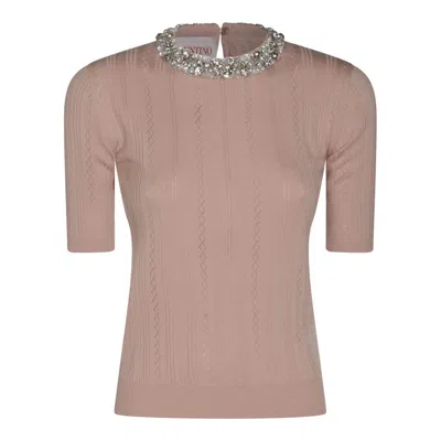 Valentino Beige Vertical Striped Slim Fit Short Sleeve Sweater