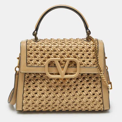 Pre-owned Valentino Garavani Beige Woven Leather Small Vsling Top Handle Bag In Sand