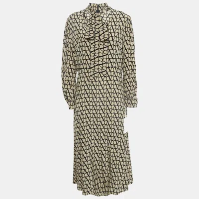 Pre-owned Valentino Beige/black Logo Print Silk Tie-up Neck Detail Midi Dress L