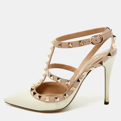 Pre-owned Valentino Garavani Beige/cream Leather Rockstud Caged Ankle Strap Pumps Size 36