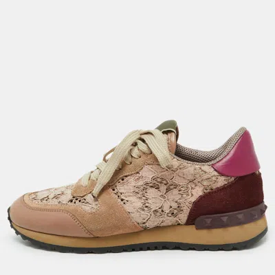 Pre-owned Valentino Garavani Beige/pink Floral Lace And Leather Rockrunner Low Top Sneakers Size 35