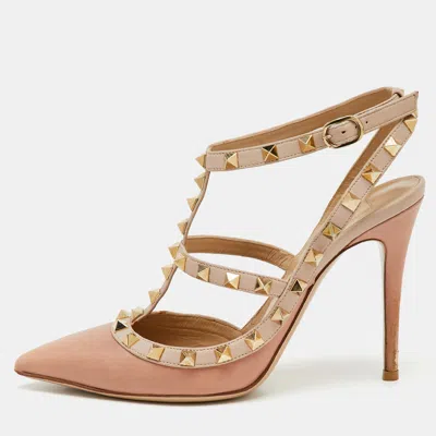 Pre-owned Valentino Garavani Beige/pink Leather Rockstud Caged Pumps Size 37.5