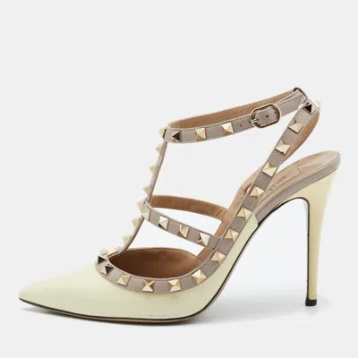 Pre-owned Valentino Garavani Beige/pink Patent Leather And Leather Rockstud Ankle Strap Pumps Size 39.5