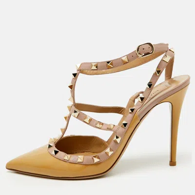 Pre-owned Valentino Garavani Beige/pink Patent Leather Rockstud Ankle Strap Pumps Size 41