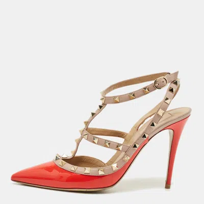 Pre-owned Valentino Garavani Beige/red Leather And Patent Rockstud Ankle Strap Pumps Size 41
