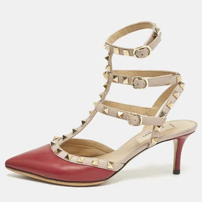 Pre-owned Valentino Garavani Beige/red Leather Rockstud Pumps Size 36.5 In Sand