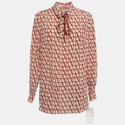 Pre-owned Valentino Beige/red Logo Print Silk Tie-up Neck Detail Blouse L