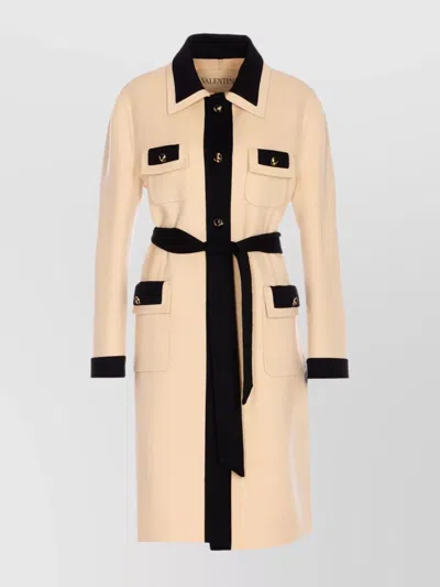 VALENTINO BELTED COLLAR COAT WITH CONTRASTING PROFILES AND POCKETS
