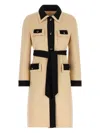 Valentino Wool Coat With Belted Waist And Contrast Trim In Neutral