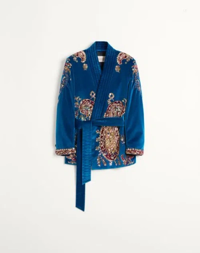 Valentino Belted Cotton Velvet Jacket With Sequin Embroidery In Prussia