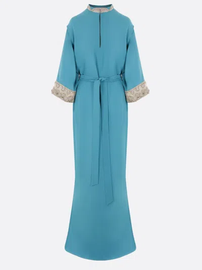 Valentino Long Dress With Belted Waist And Cuffs In Blue