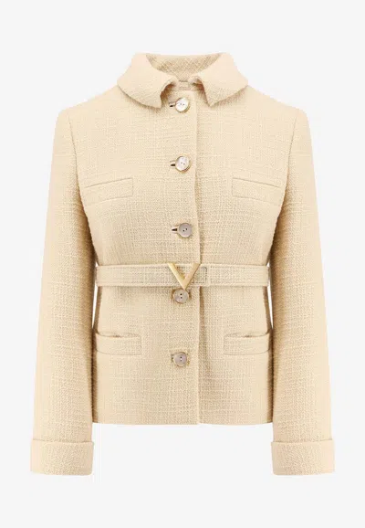 Valentino Wool Blazer With Leather Belt And V Gold Buckle In Neutral