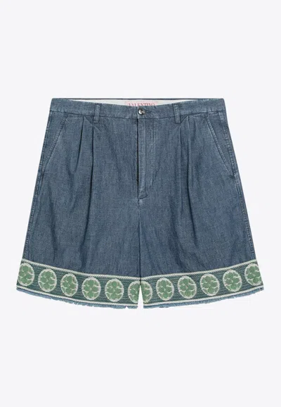 Valentino Jacquard-hem Denim Bermuda Shorts In Blue