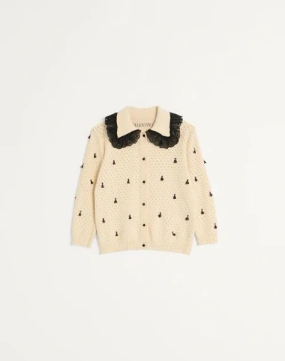 VALENTINO VALENTINO EMBROIDERED COTTON CARDIGAN WOMAN BIRCH/BLACK L