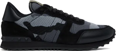 Valentino Garavani Mans Rockrunner Camouflage Noir Leather And Fabric Sneakers In Black