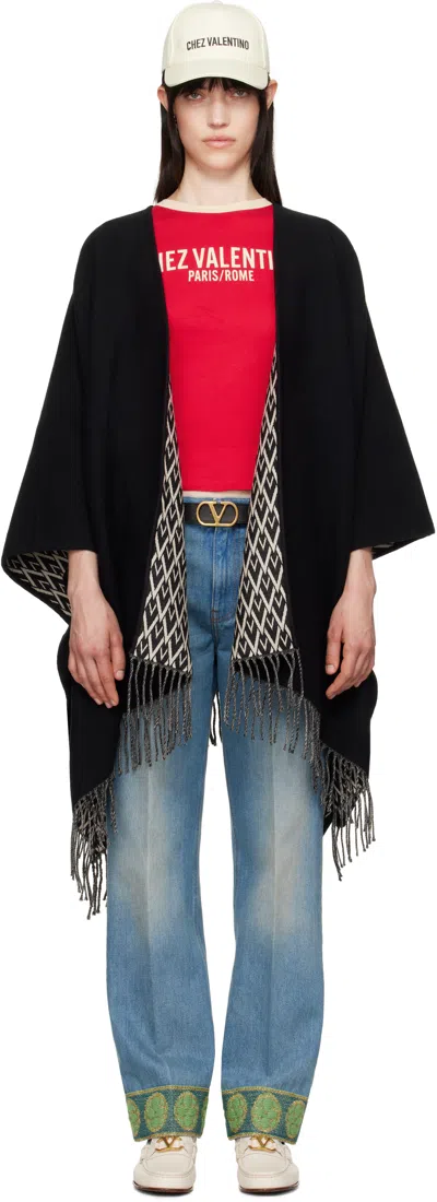 Valentino Black & Off-white Double Toile Iconographe Scarf In Bt7 Nero/nero/crema