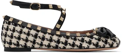 Valentino Garavani Mesh Rockstud Embellished Pointed Toe Ballerinas In 9tb Latte-nero/nero