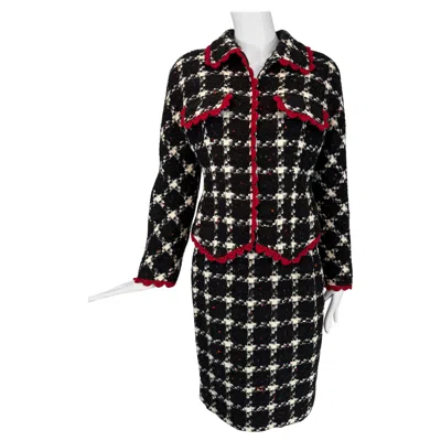 Pre-owned Valentino Black & White Check Red Crochet Trim Zipper Front Jacket Skirt Suit 44