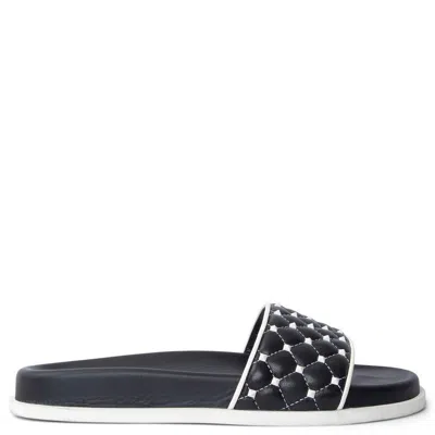 Pre-owned Valentino Garavani Valentino Black & Wrote Leather Rockstud Slides Sandals Shoes 37