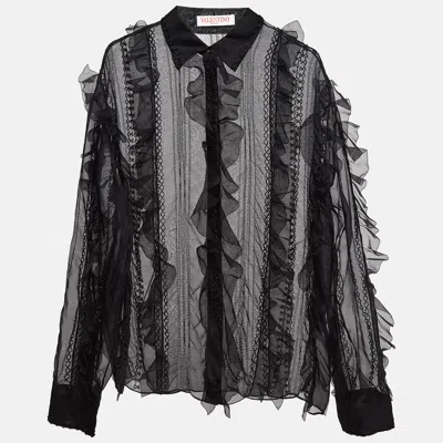 Pre-owned Valentino Black Beads Embroidered Oraganza Ruffle Detail Shirt L