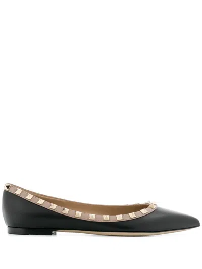 VALENTINO GARAVANI BLACK BLACK ROCKSTUD LEATHER BALLET FLATS