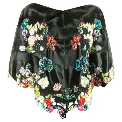 Pre-owned Valentino Black Broadtail Fur Shawl With Beaded Embroidery