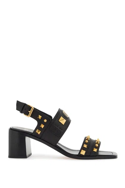 Valentino Garavani Women's Buffalo Leather Sandals With Golden Studs And Square Heel In Black