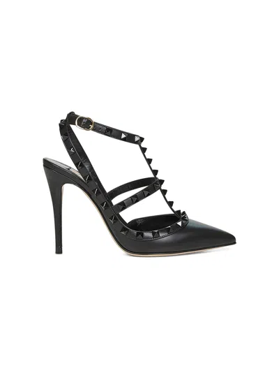 Valentino Garavani Black Calf Leather Rockstud Slingback