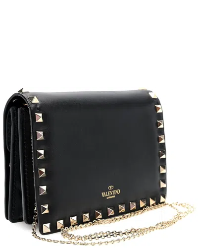 Valentino Garavani Valentino Black Calfskin Leather Rockstud Wallet On Chain (authentic Pre-  Loved)
