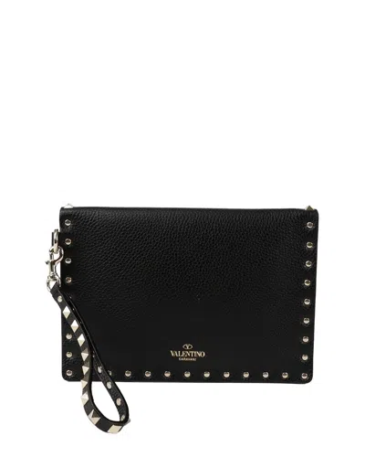 Pre-owned Valentino Garavani Valentino Black Calfskin Rockstud Flap Pouch (authentic Pre-loved)