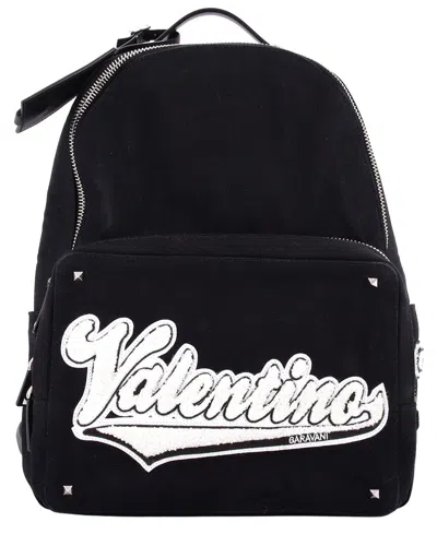 Valentino Garavani Valentino Black Canvas Logo Backpack With Applique Medium (authentic Pre-  Loved)