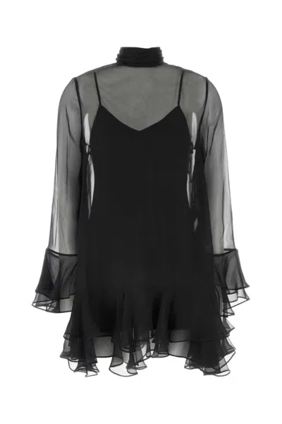 Valentino Silk Chiffon Mini Shirt Dress W/feathers In Black