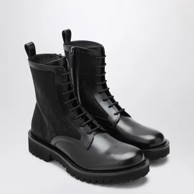 VALENTINO GARAVANI BLACK COMBAT BOOT IN TECHNICAL FABRIC AND TOILE ICONOGRAPHE CALFSKIN