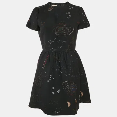 Pre-owned Valentino Black Cosmo Print Wool Blend Mini Dress M
