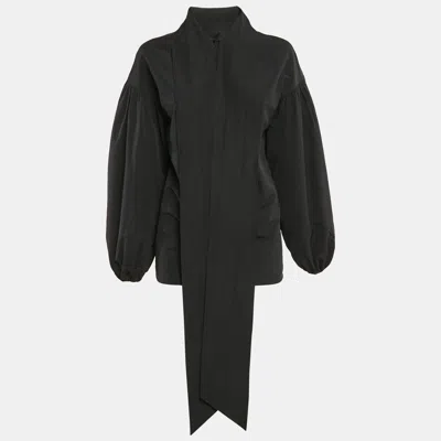 Pre-owned Valentino Black Cotton Blend Tie-up Neck Detail Puff Sleeve Top S