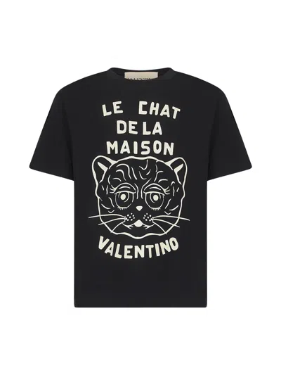 VALENTINO BLACK COTTON LE CHAT DE LA MAISON PRINT T-SHIRT