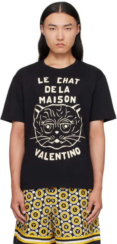 VALENTINO BLACK COTTON 'LE CHAT DE LA MAISON' T-SHIRT