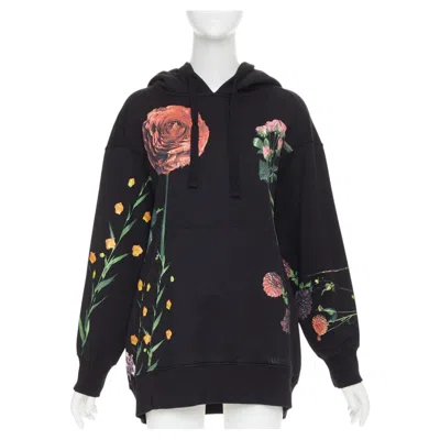 Pre-owned Valentino Black Cotton Oversized Macro Rose Floral Print Pouch Hoodie M In Red