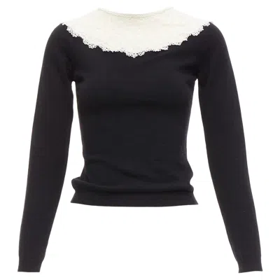 Pre-owned Valentino Black Cream Beaded Lace Collar Virgin Wool Cashmere Crop Sweater Xs In White