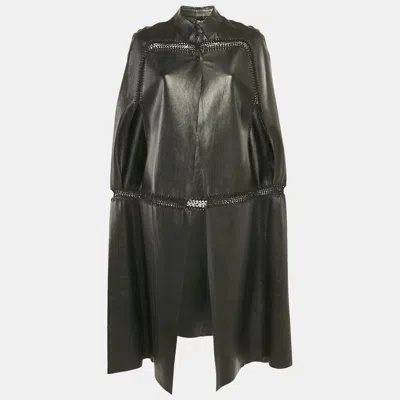 Pre-owned Valentino Black Crochet Trim Leather Cape Coat M