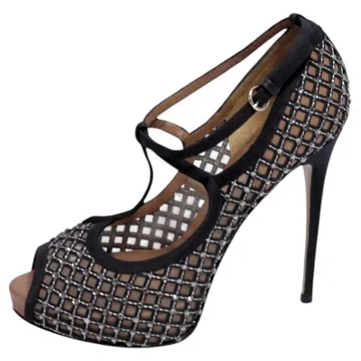 Pre-owned Valentino Garavani Valentino Black Crystal Embellished Mesh Peep Toe T-strap Heels - Eu 39