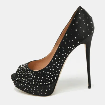 Pre-owned Valentino Garavani Black Crystal Embellished Satin Peep Toe Platform Pumps Size 41