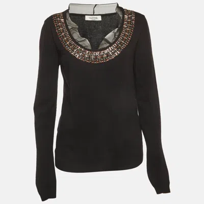 Pre-owned Valentino Black Crystal Embellished Wool Knit Sweatshirt L