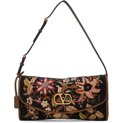 Valentino Garavani Black Devain Embroidered Small Shoulder Bag In Dey Multicolor/tabac
